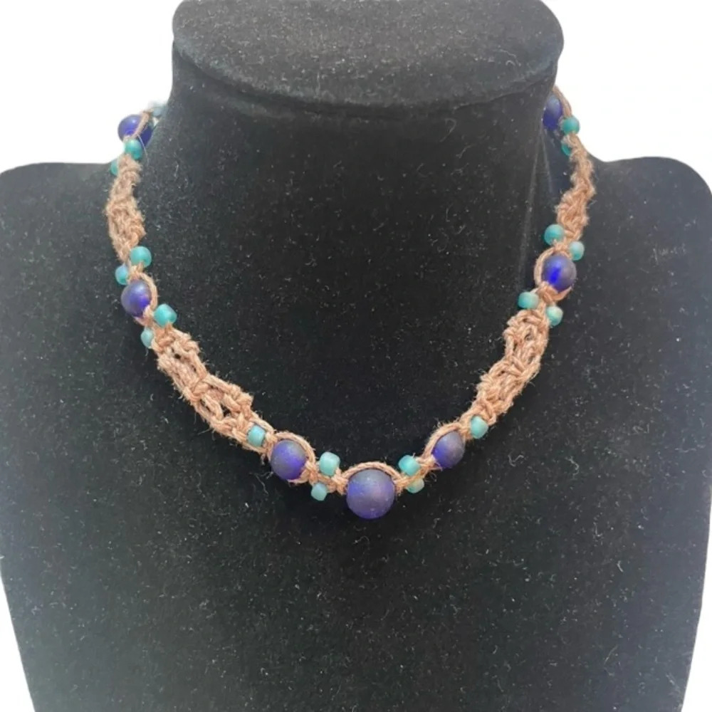 NWT Handmade by Me Macraméd Brown Hemp Cobalt Blue Beads Choker Necklace